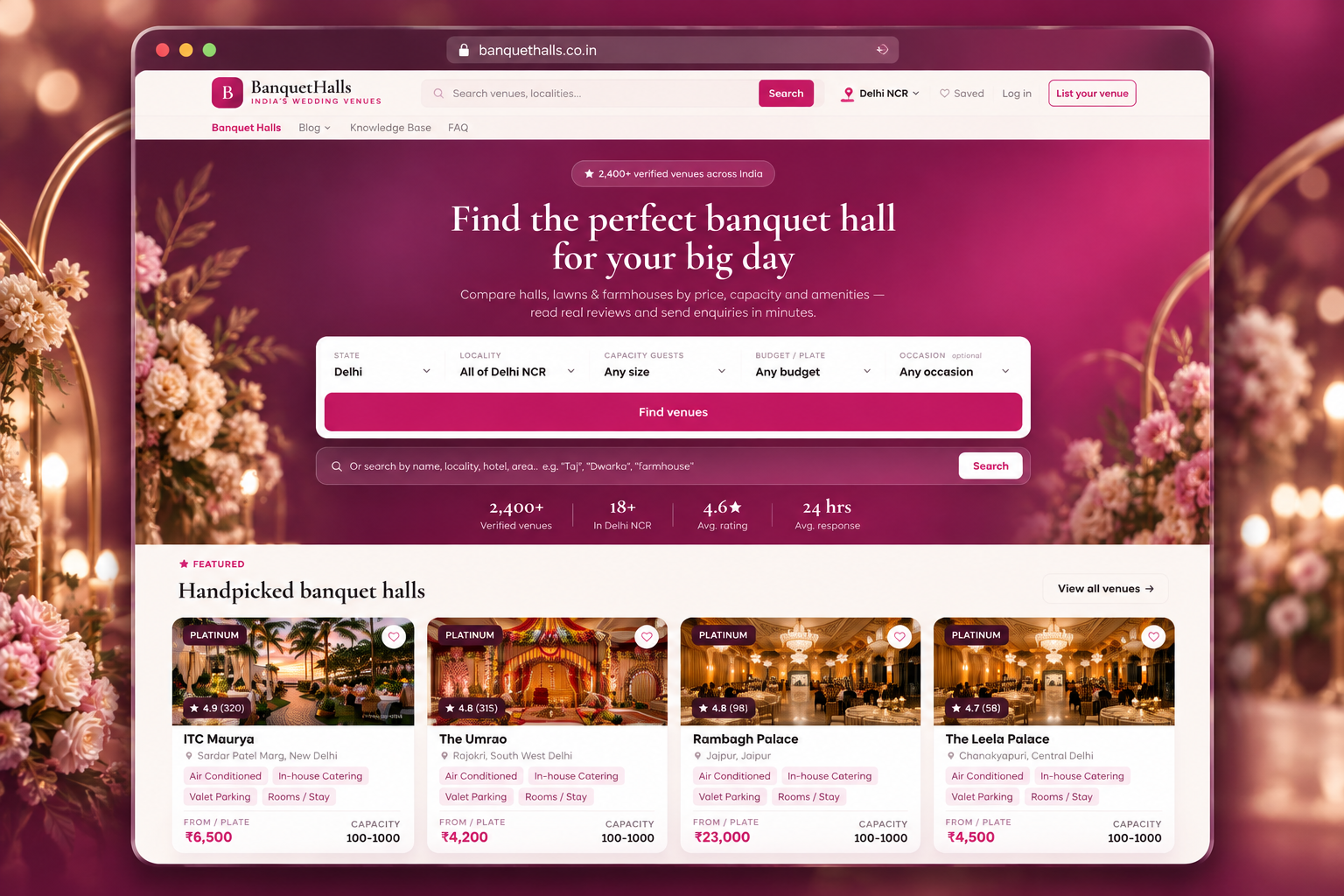 Screenshot of the Banquet Halls website