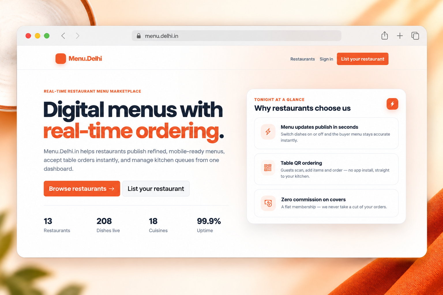 Screenshot of the Menu Delhi website
